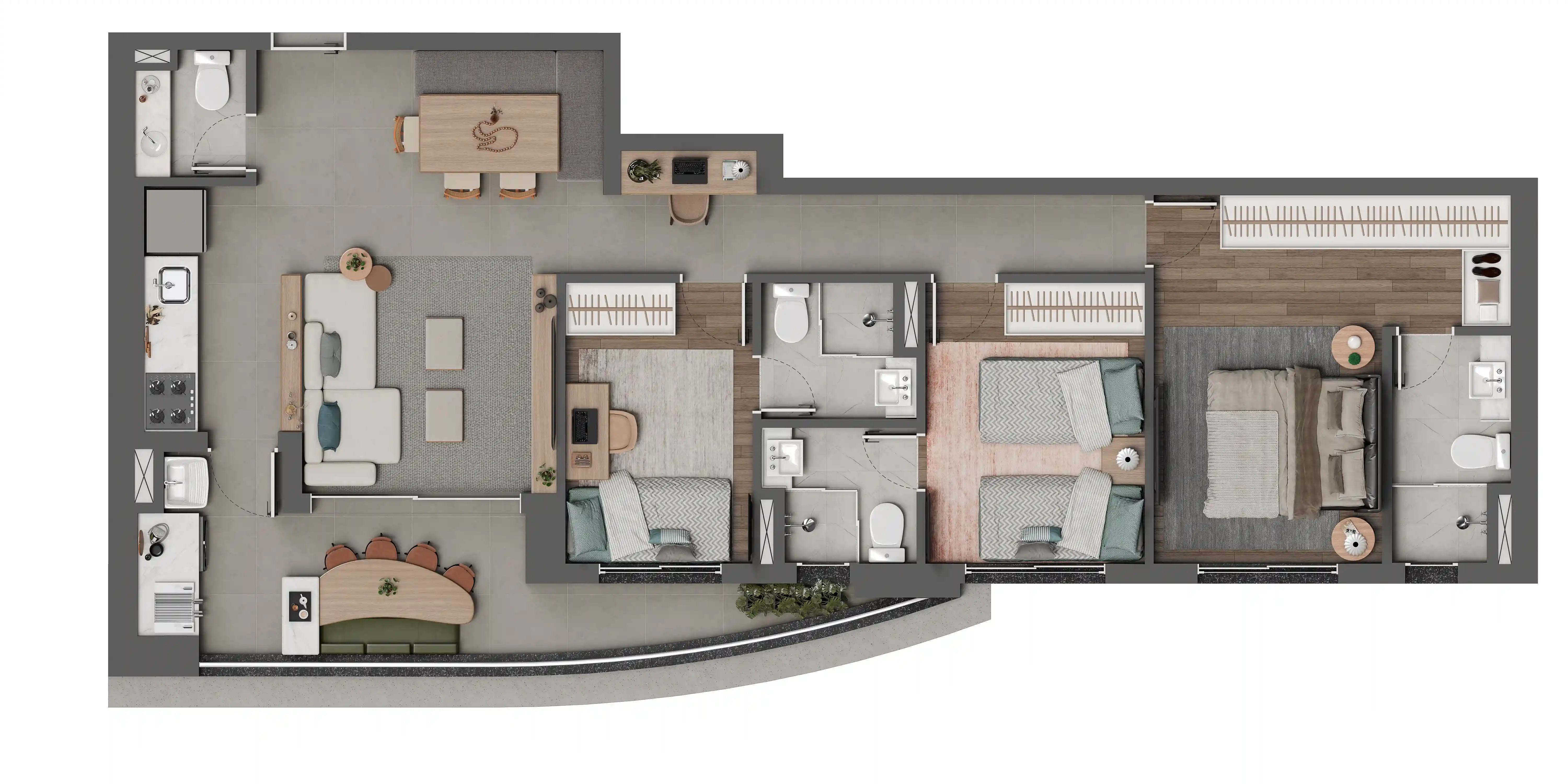 Planta Tipo 94m² - 3 suítes com living integrado